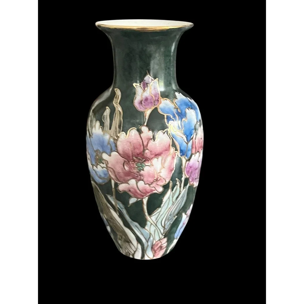 Vintage Hand Painted Chinese Porcelain Floral Vase Emerald Green Gilt 6.5in